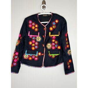 Vintage Bee Honeycomb Embroidered Jacket Petite M Boho Art Blazer